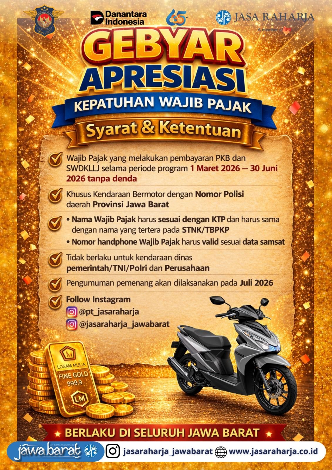 Jasa Raharja Jawa Barat Gelar Gebyar Apresiasi Kepatuhan Wajib Pajak Bersama Tim Pembina Samsat Provinsi Jawa Barat